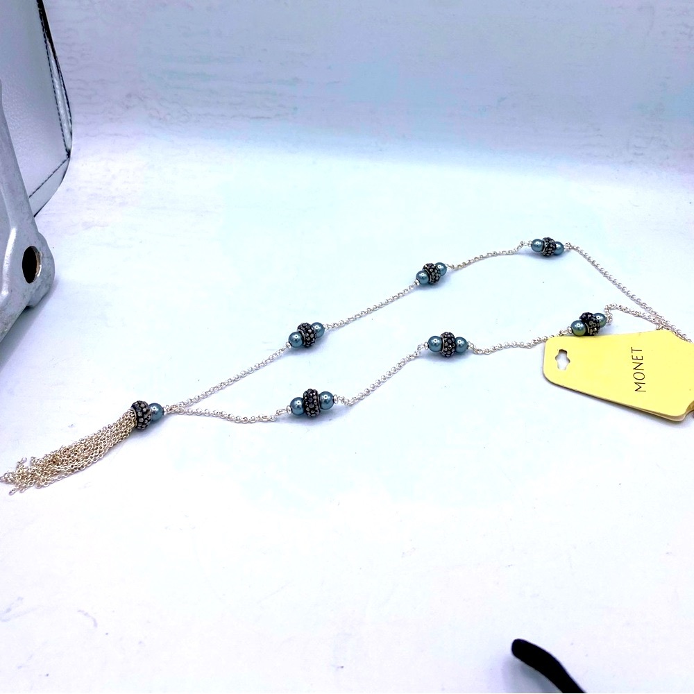 Monet NWT Silver With Grey Faux Pearl Bead & Black Rhinestone Beads Necklace